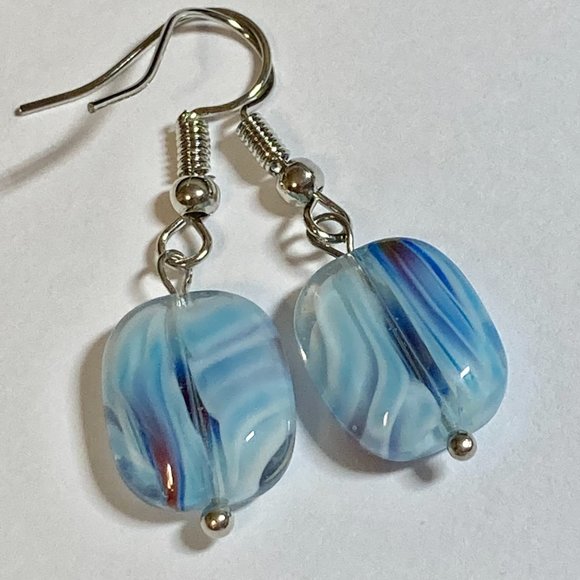 Murano Art Glass Swirl Bead Earrings Rectangle Blue White Silver Plated HandMade - Picture 2 of 7